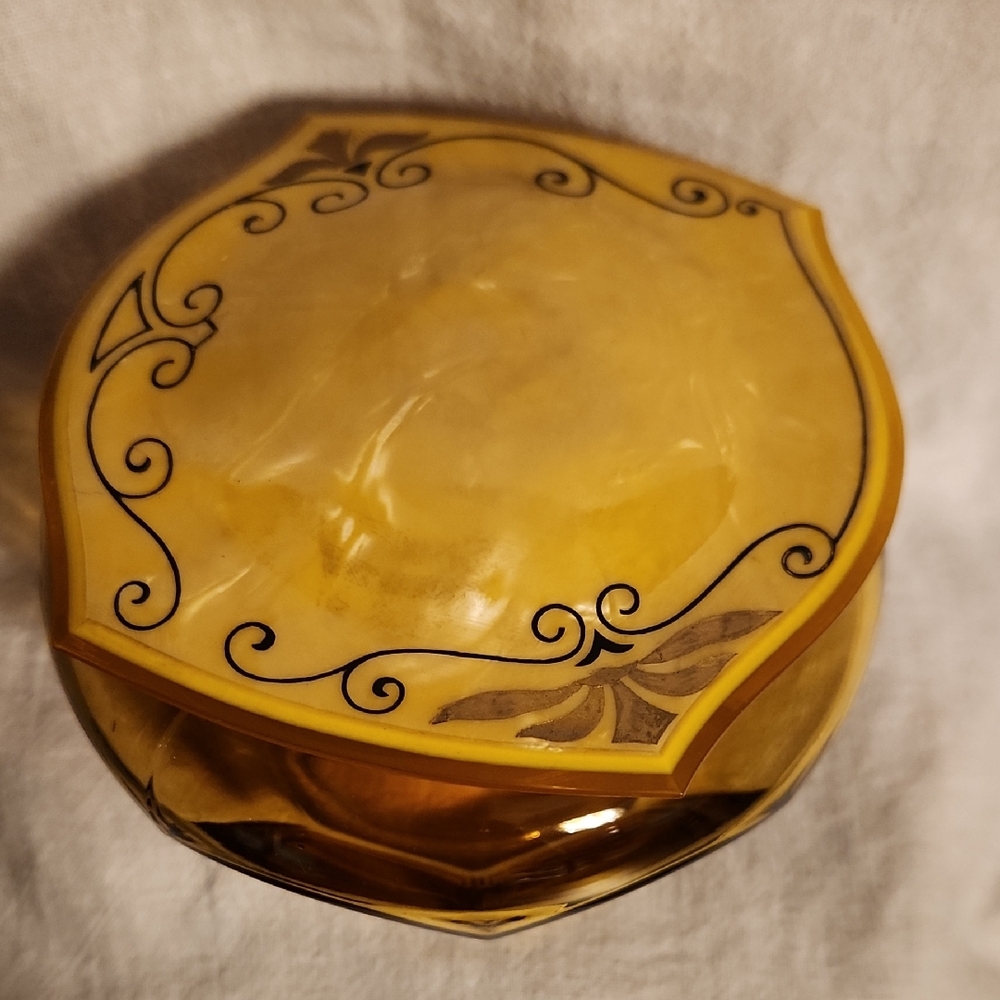 Art Deco Antique Amber Glass Jar With Celluloid? Bakelite? Lid EUC